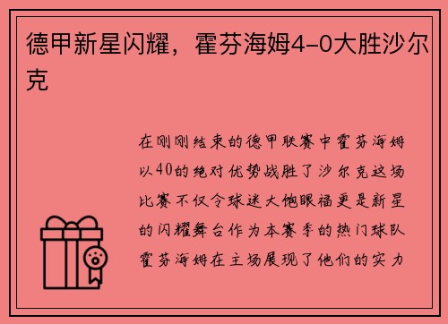 德甲新星闪耀，霍芬海姆4-0大胜沙尔克
